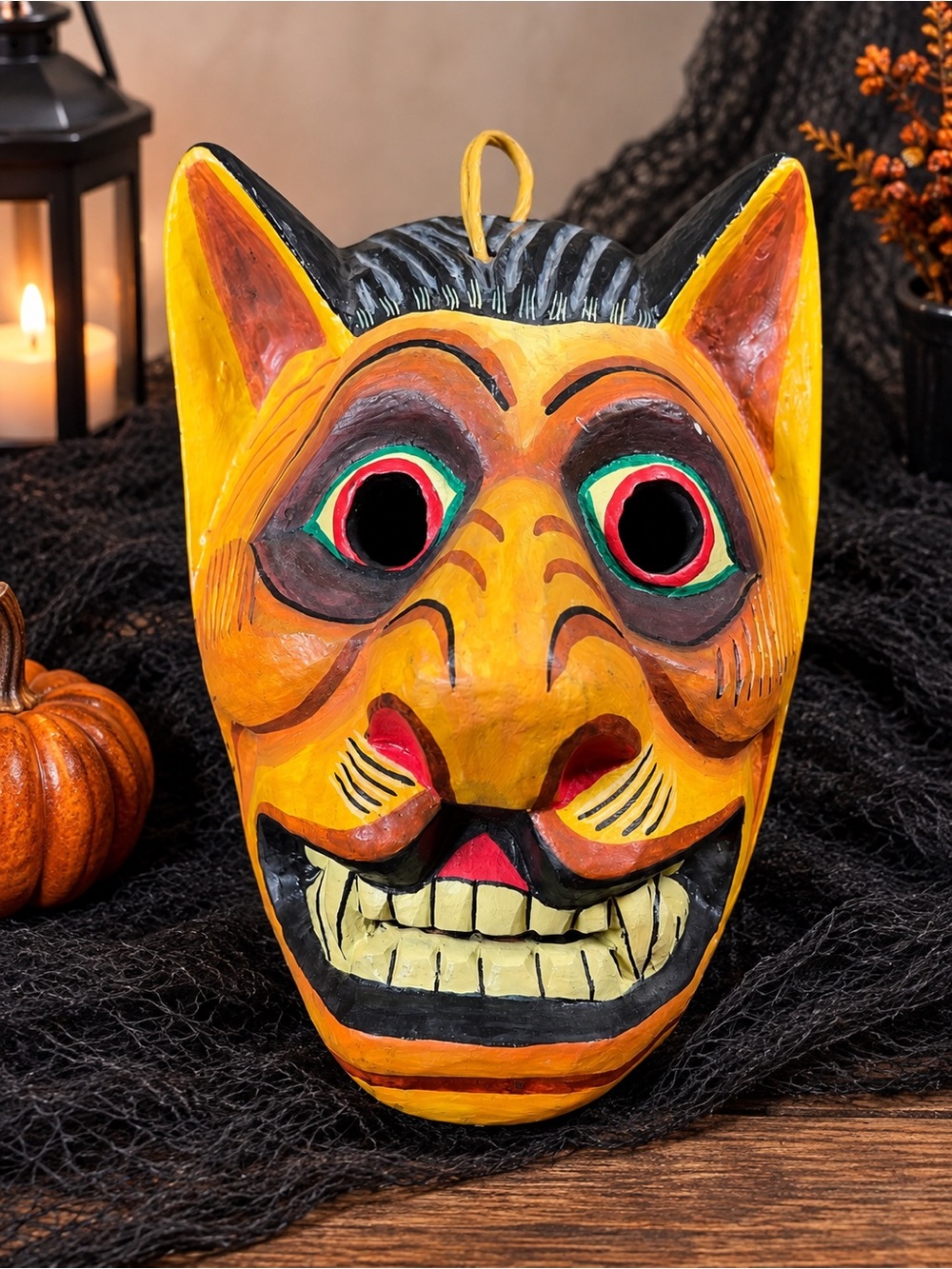 Hand Carved Wood Folk Art Devil Cat Mask Painted Halloween Wall Decor